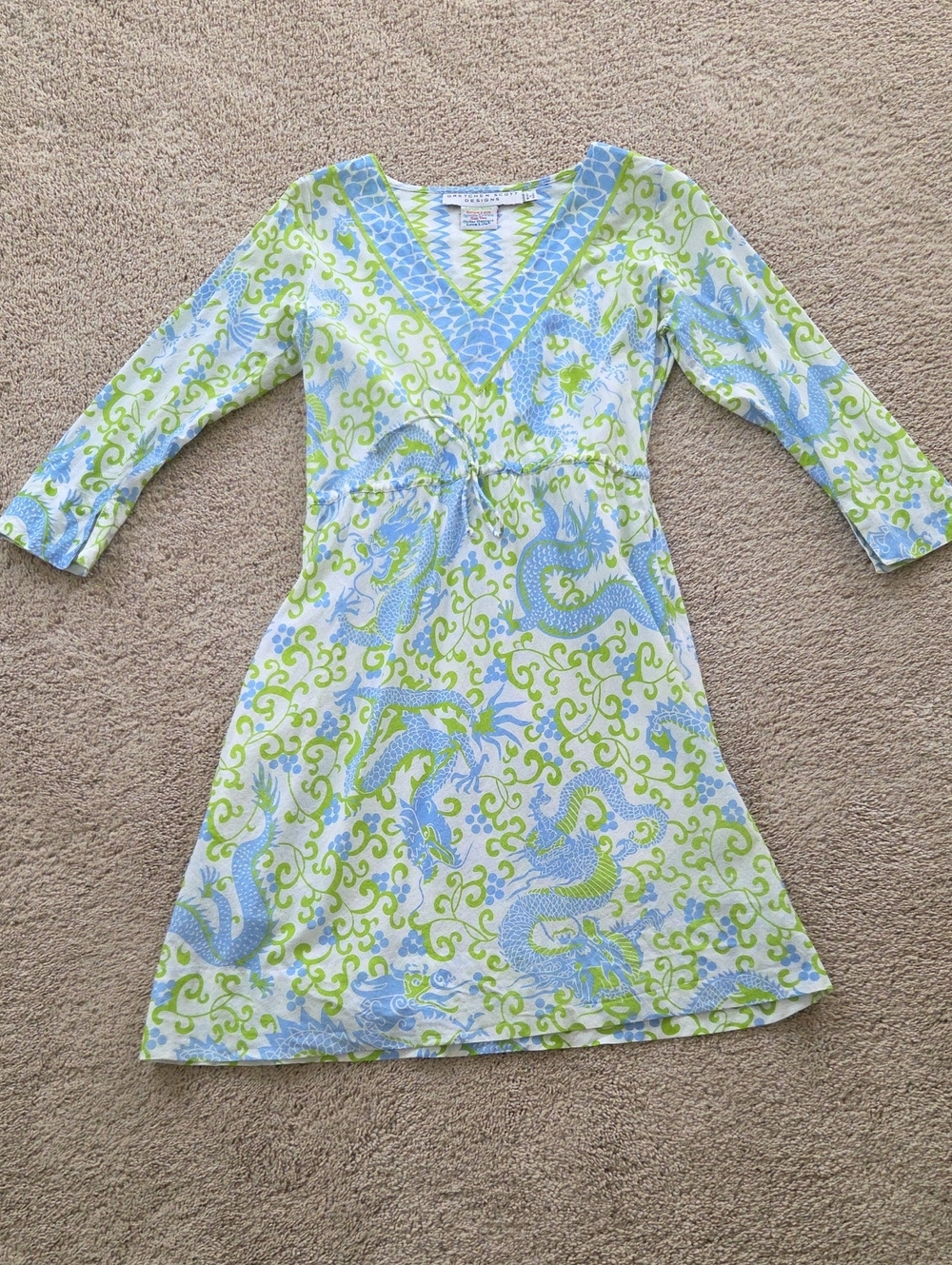 Gretchen Scott Designs Blue & Green Dragon-Print V-Neck Dress